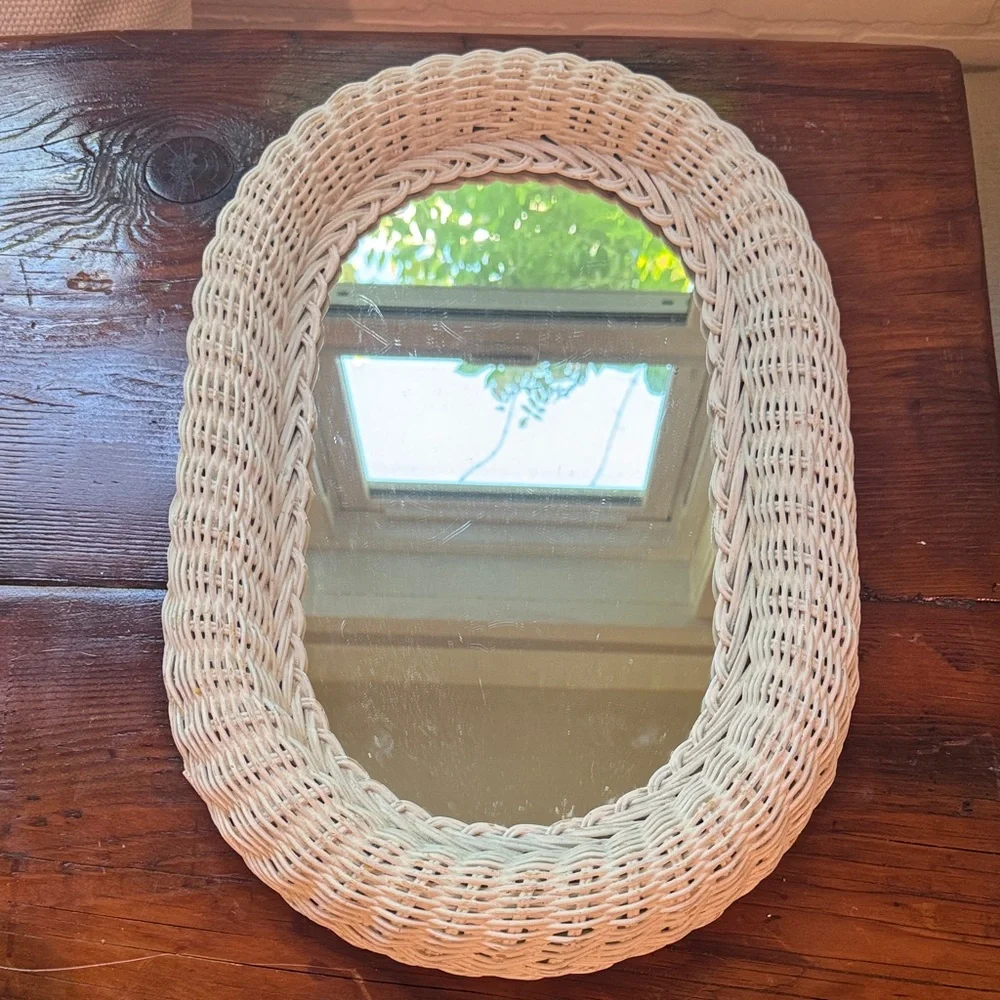 Vintage White Wicker Oval Wall Mirror
